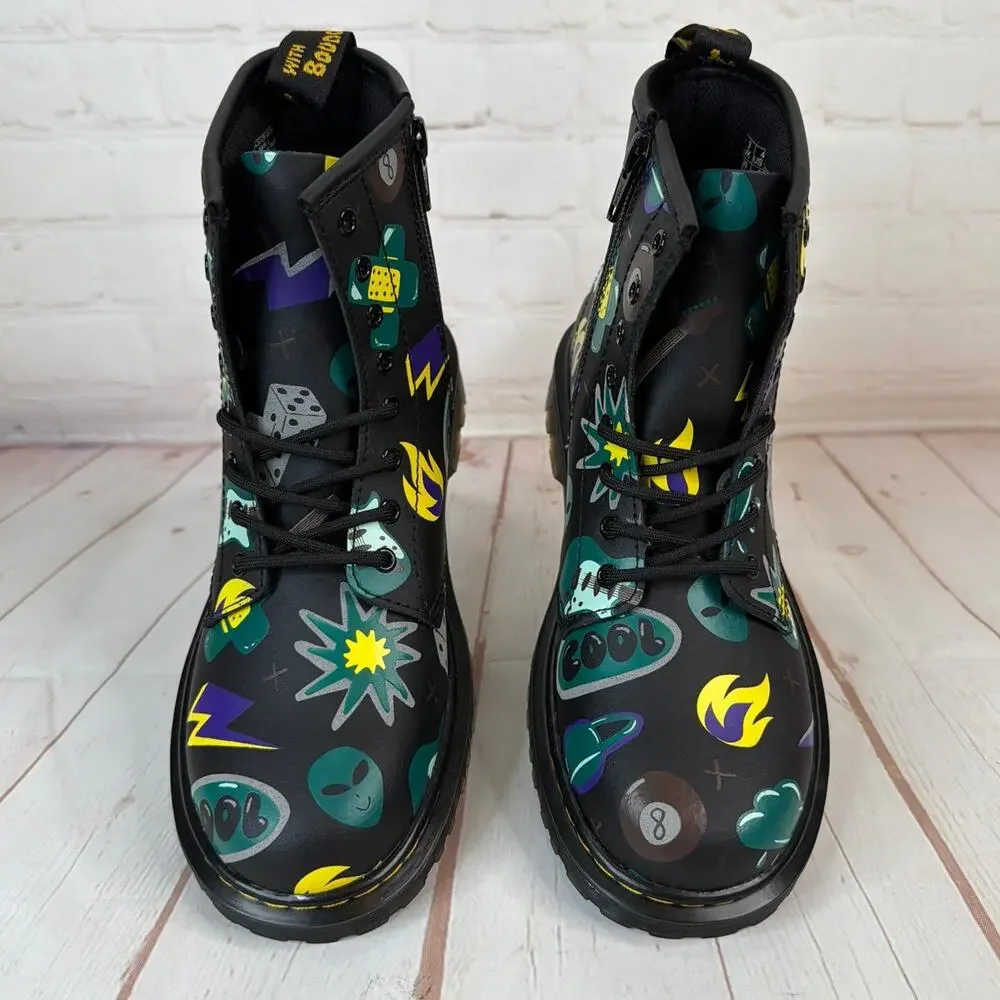 Dr. Martens Junior 1460 Sticker Print Leather Lace Up Black Boots Size 4 M/5 L